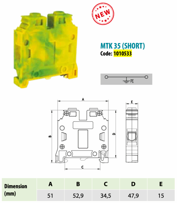 ONKA 35mm2 PE Screw rail connector terminal block DIN rail terminal 2-wire grey, 1010533