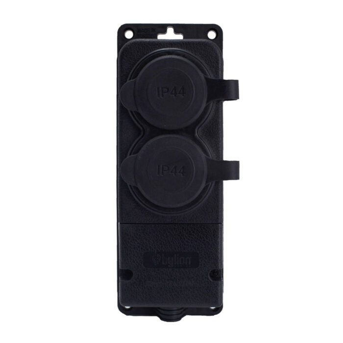 Double rubber socket black hermetic surface mounted 250V, 16A, IP44, SCHUKO 2P+Z, 2KMP-F, Bylion