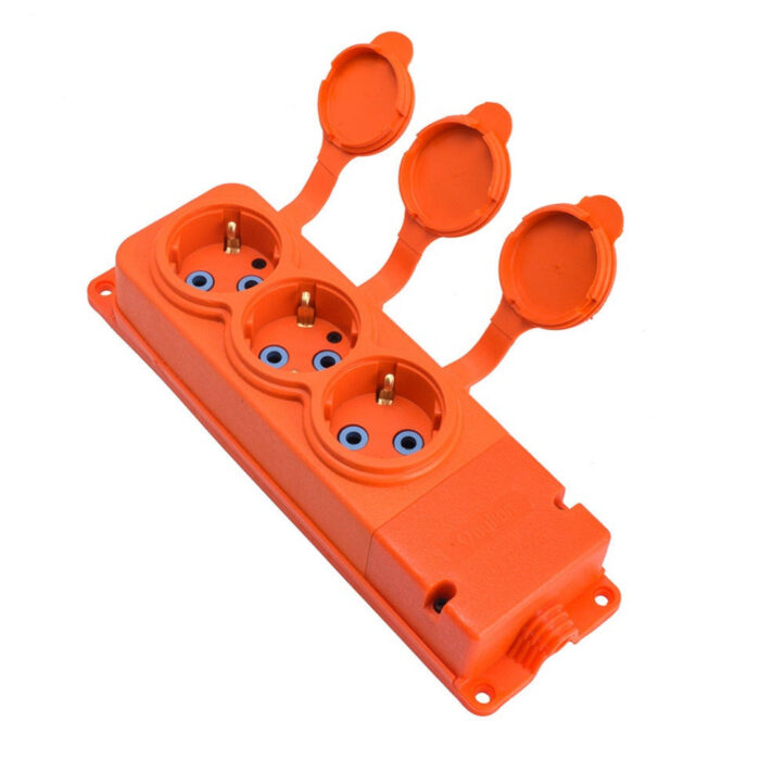 Triple "rubber" orange socket with cover hermetic IP44 250V, 16A, SCHUKO 2P+Z, 3KMP-F-O, Bylion