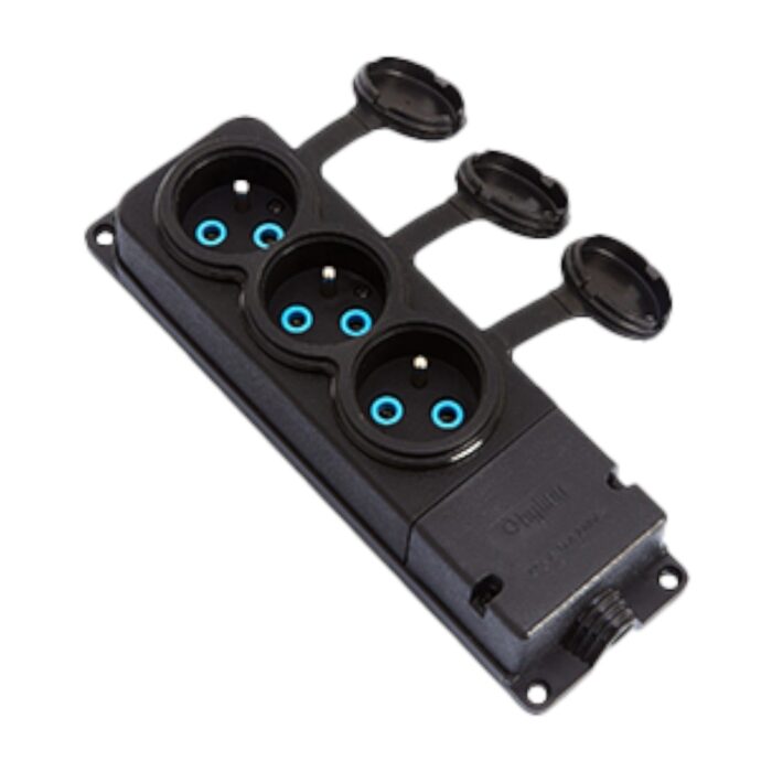 3x socket, French type E, triple "rubber" black socket with cover hermetic IP44 250V, 16A, 2P+Z, 3KMP-E, Bylion