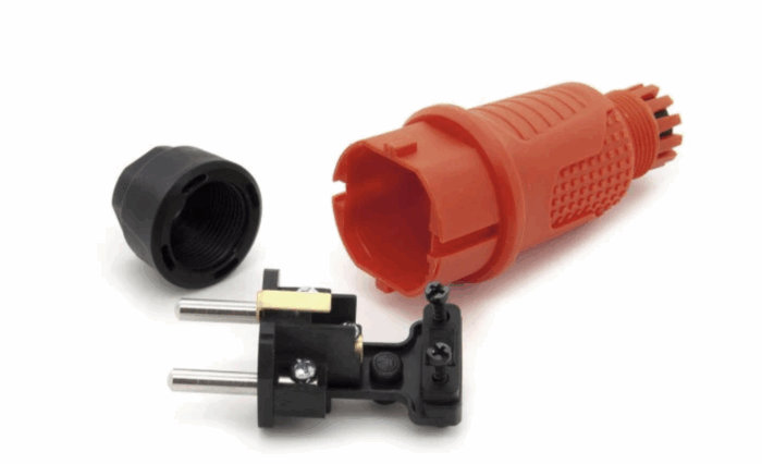 Orange rubber plug IP54, for cable, double ground, 2P+Z, REF-O , 16 amps 250 volts, manufacturer Bylion
