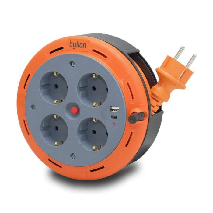 Compact cassette roller extension cable, 5m cable with 4 sockets IP20 + USB + thermal fuse + child fuse, 3x1mm2, SCHUKO type earthing , PHE-05310-F-USB