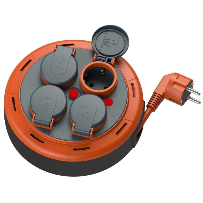 IP44 Compact cassette roller extension cable, 5m cable with 4 sockets + thermal/child fuse, 3x1mm2, SCHUKO type earthing, PHP-05310-F