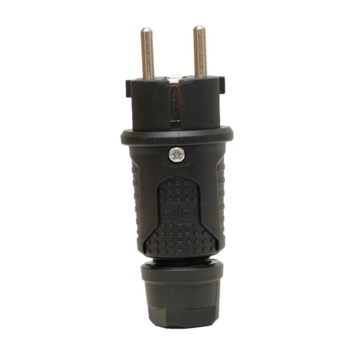 Black rubber plug IP54, 250v 16a per cable, Uni-Schuko (double earthing), 2P+E, REF, Bylion
