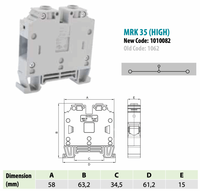 ONKA 35mm2 Screw rail connector terminal block DIN rail terminal 2-wire grey, 1010082