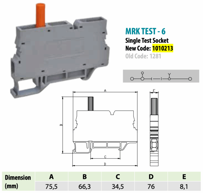 ONKA 6mm2 Screw rail connector terminal block with test terminal on DIN rail 2-wire grey, 1010213