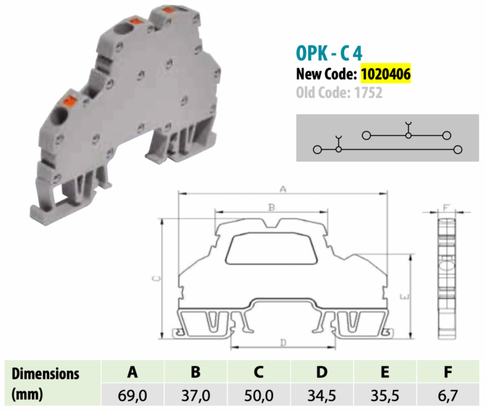 ONKA 4mm2, 2 tier spring rail connector terminal block DIN rail terminal 4-wire grey, 1020406