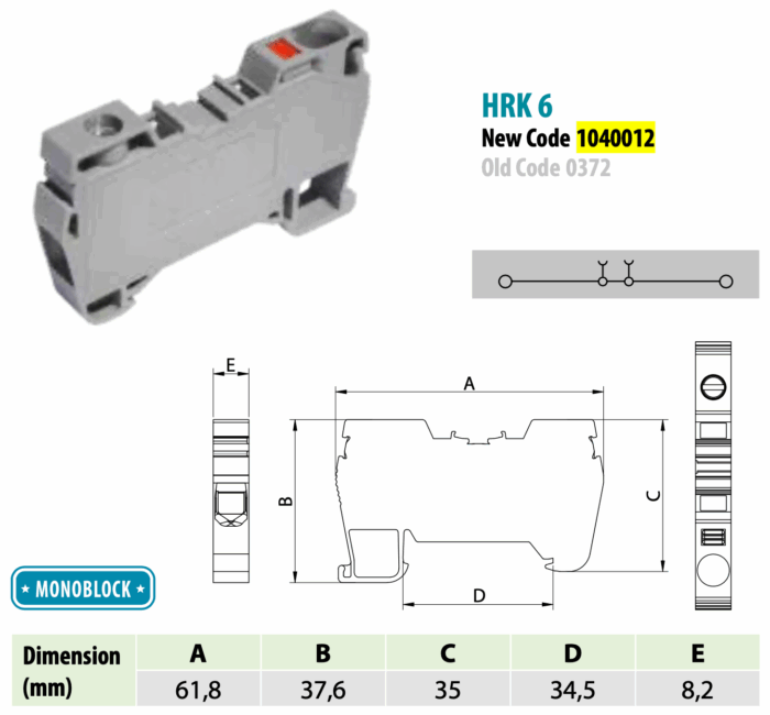 ONKA 6mm2 Hybrid Screw/Spring Rail Connector Terminal Block DIN Rail Terminal Block 2-wire grey, 1040012
