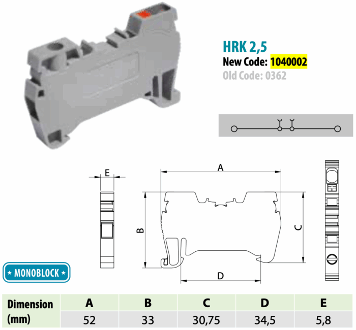 ONKA 2.5mm2 Hybrid Screw / Spring Rail Terminal Block Terminal Block DIN Rail Terminal Block 2-wire grey, 1040002