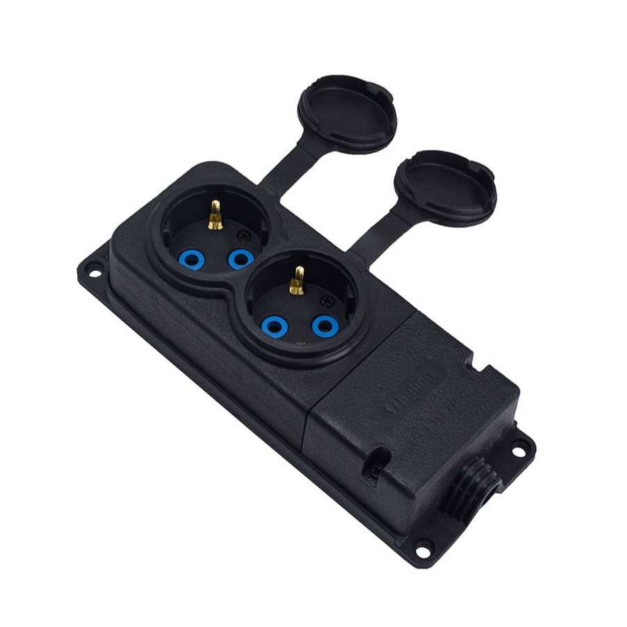 Double rubber socket black hermetic surface mounted 250V, 16A, IP44, SCHUKO 2P+Z, 2KMP-F, Bylion Double rubber socket black hermetic surface mounted 250V, 16A, IP44, SCHUKO 2P+Z, 2KMP-F, Bylion