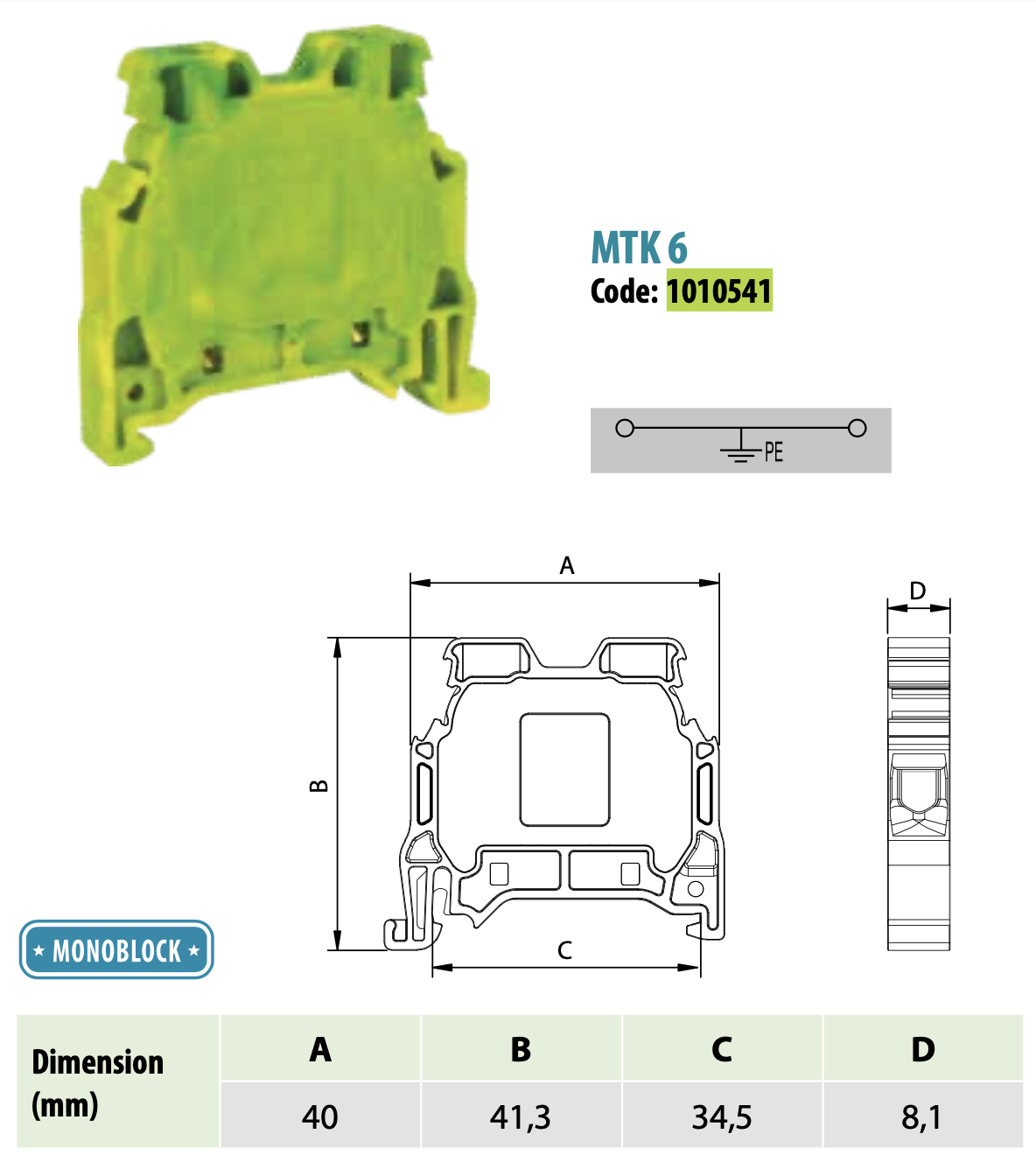 ONKA 6mm2 PE Screw rail connector terminal block DIN rail terminal 2-wire grey, 1010541 ONKA 6mm2 PE Screw rail connector terminal block DIN rail terminal 2-wire grey, 1010541