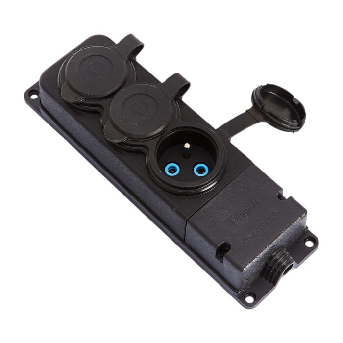 3x socket, French type E, triple "rubber" black socket with cover hermetic IP44 250V, 16A, 2P+Z, 3KMP-E, Bylion