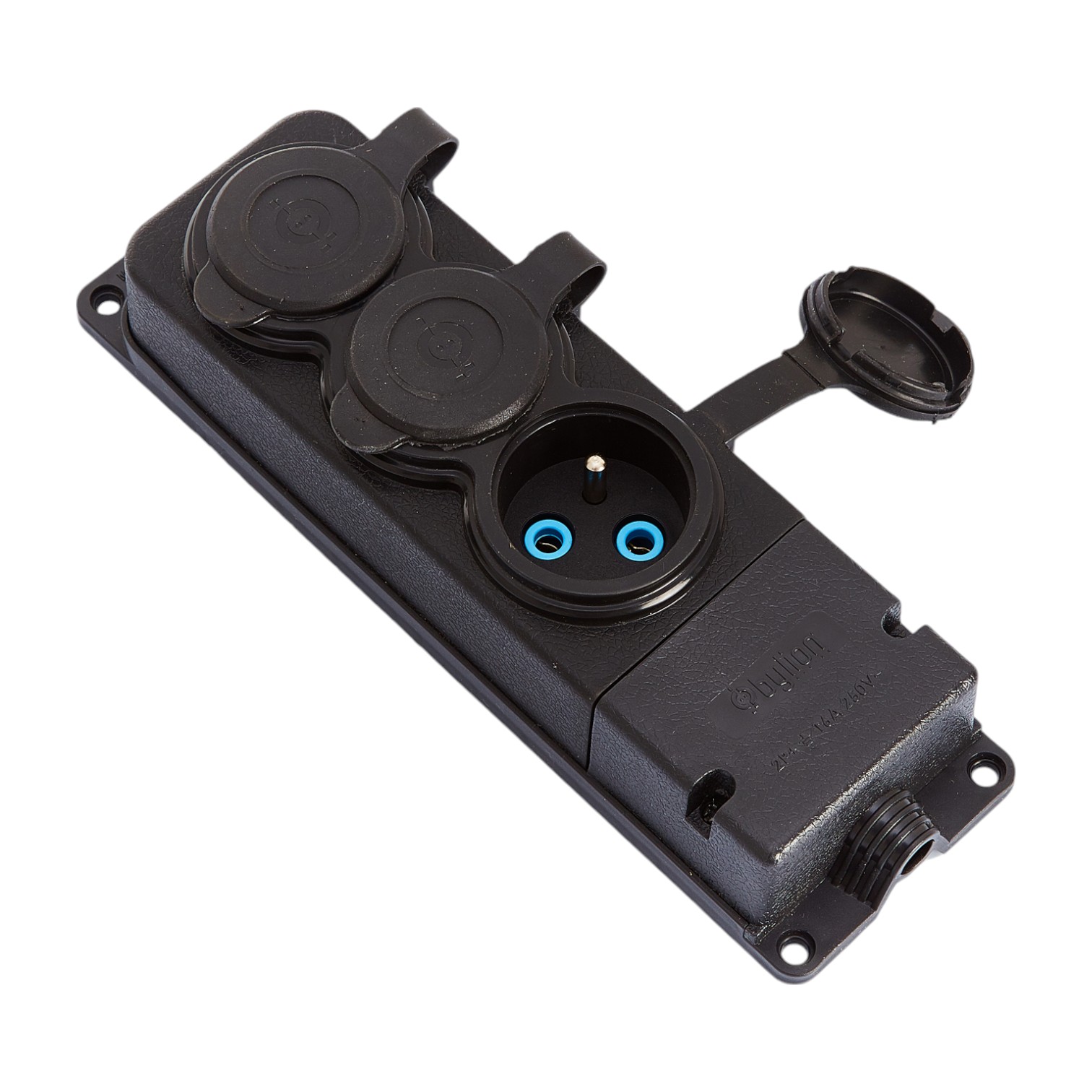 3x socket, French type E, triple "rubber" black socket with cover hermetic IP44 250V, 16A, 2P+Z, 3KMP-E, Bylion 3x socket, French type E, triple "rubber" black socket with cover hermetic IP44 250V, 16A, 2P+Z, 3KMP-E, Bylion