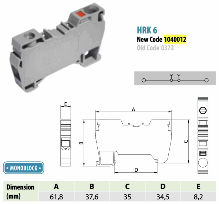 ONKA 6mm2 Hybrid Screw/Spring Rail Connector Terminal Block DIN Rail Terminal Block 2-wire grey, 1040012