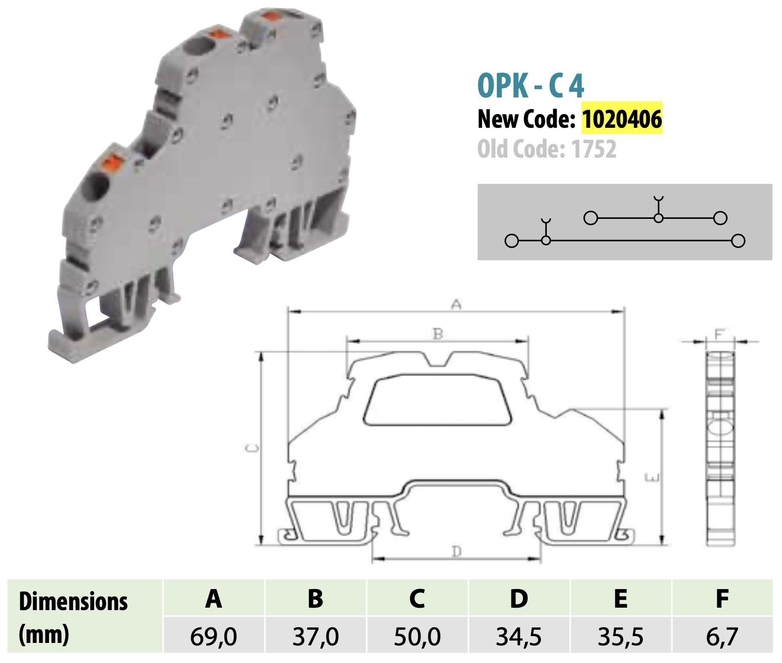 ONKA 4mm2, 2 tier spring rail connector terminal block DIN rail terminal 4-wire grey, 1020406 ONKA 4mm2, 2 tier spring rail connector terminal block DIN rail terminal 4-wire grey, 1020406