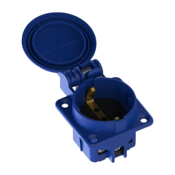 Hermetic socket 2P+Z, 230/220v, with earthing, IP44, with flap, blue, 250V Schuko