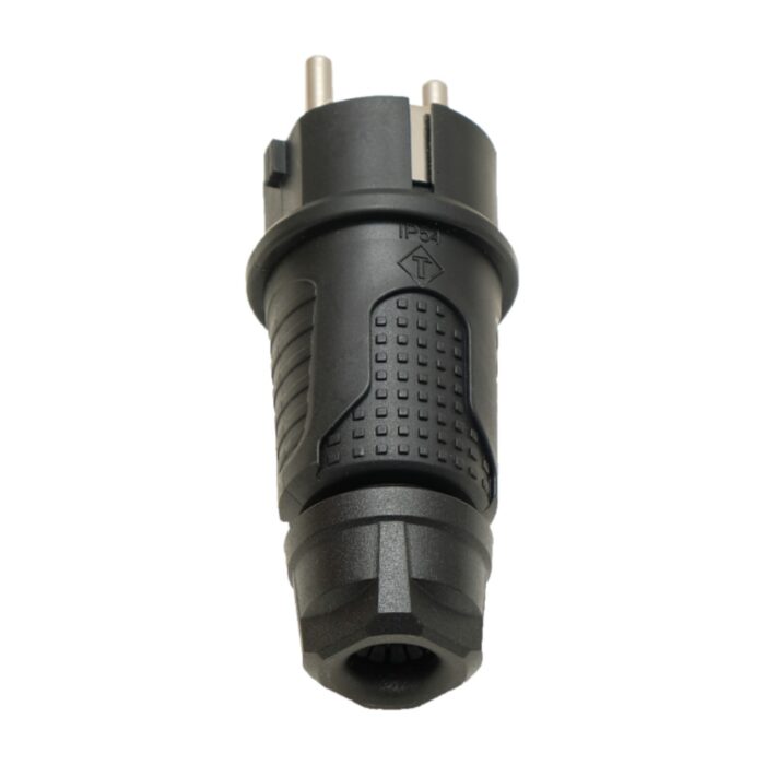 Black rubber plug IP54, 250v 16a per cable, Uni-Schuko (double earthing), 2P+E, REF, Bylion
