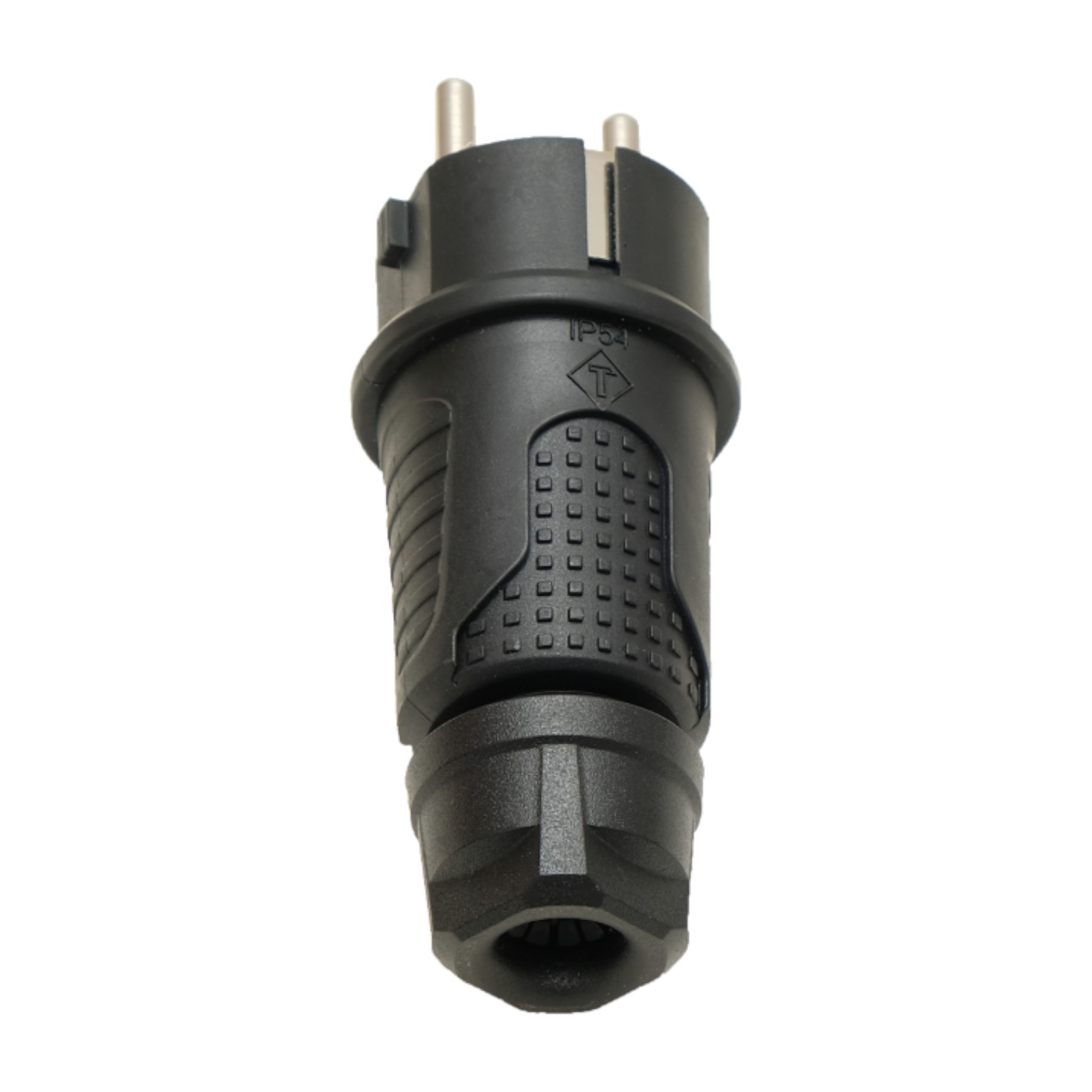 Black rubber plug IP54, 250v 16a per cable, Uni-Schuko (double earthing), 2P+E, REF, Bylion Black rubber plug IP54, 250v 16a per cable, Uni-Schuko (double earthing), 2P+E, REF, Bylion