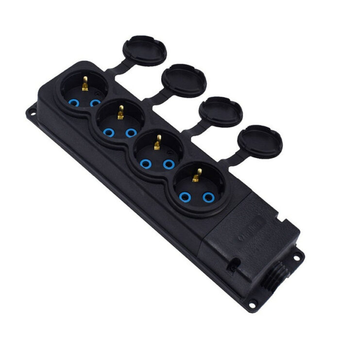 4x rubber socket "rubber" black with lid hermetic IP44, 250V, 16A, SCHUKO 2P+Z, 4KMP-F, Bylion