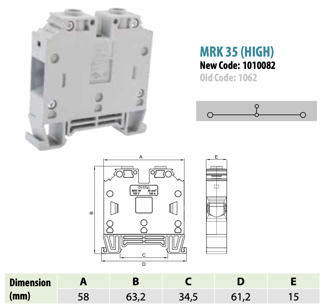 ONKA 35mm2 Screw rail connector terminal block DIN rail terminal 2-wire grey, 1010082 ONKA 35mm2 Screw rail connector terminal block DIN rail terminal 2-wire grey, 1010082