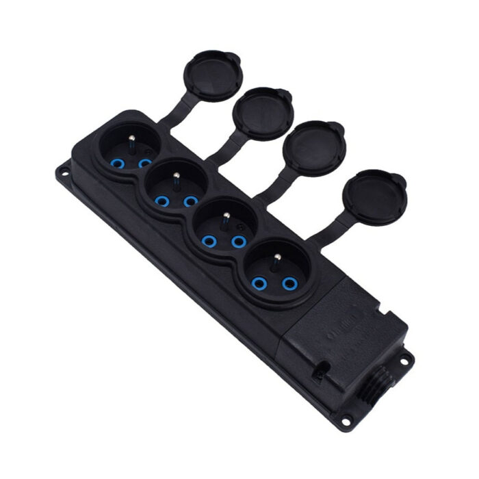 4x rubber socket "rubber" black with lid hermetic IP44, 250V, 16A, 2P+Z, French type E,4KMP-E, Bylion