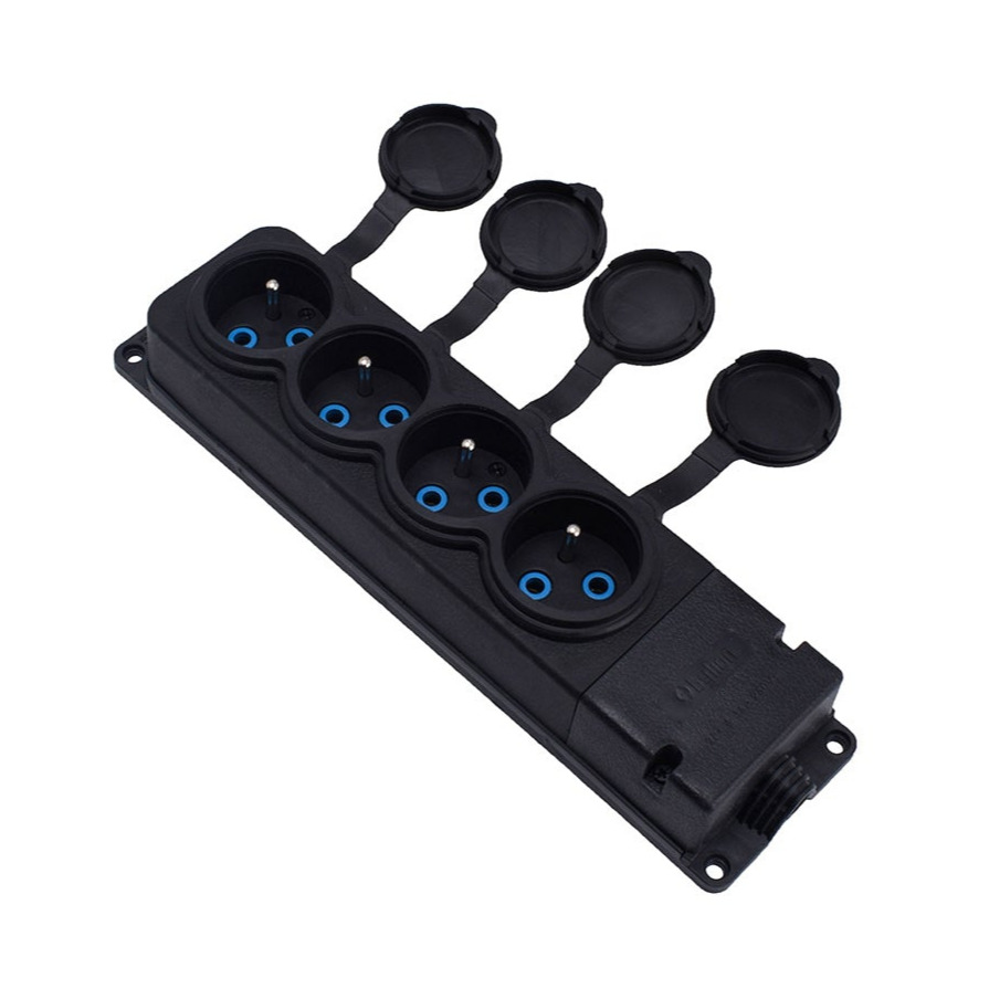 4x rubber socket "rubber" black with lid hermetic IP44, 250V, 16A, 2P+Z, French type E,4KMP-E, Bylion 4x rubber socket "rubber" black with lid hermetic IP44, 250V, 16A, 2P+Z, French type E,4KMP-E, Bylion
