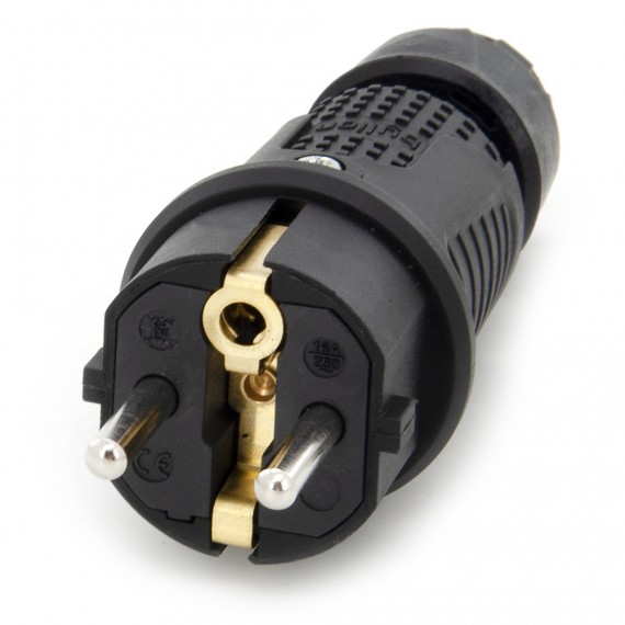 Black rubber plug IP54, 250v 16a per cable, Uni-Schuko (double earthing), 2P+E, REF, Bylion Black rubber plug IP54, 250v 16a per cable, Uni-Schuko (double earthing), 2P+E, REF, Bylion