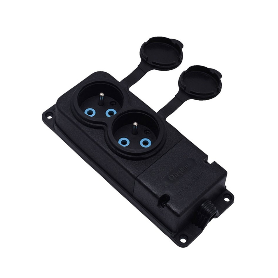 Double rubber socket black hermetic surface mounted 250V, 16A, IP44, French type E 2P+Z, 2KMP-E, Bylion Double rubber socket black hermetic surface mounted 250V, 16A, IP44, French type E 2P+Z, 2KMP-E, Bylion