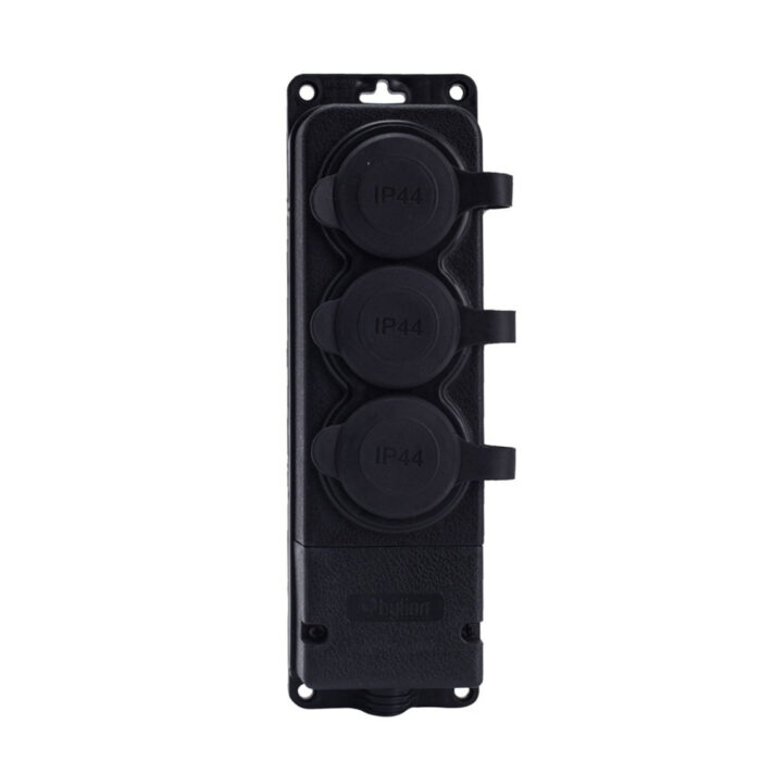 Triple "rubber" black socket with cover hermetic IP44 250V, 16A, SCHUKO 2P+Z, 3KMP-F, Bylion