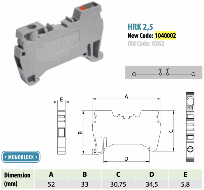 ONKA 2.5mm2 Hybrid Screw / Spring Rail Terminal Block Terminal Block DIN Rail Terminal Block 2-wire grey, 1040002