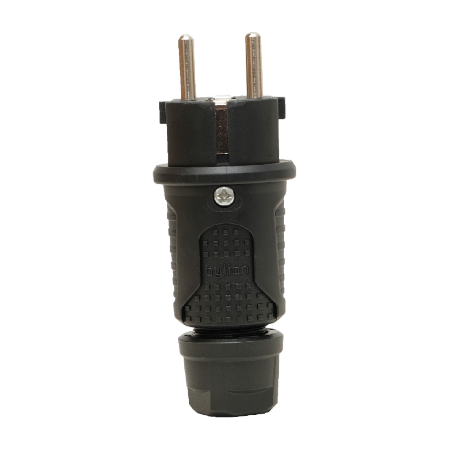 Black rubber plug IP54, 250v 16a per cable, Uni-Schuko (double earthing), 2P+E, REF, Bylion Black rubber plug IP54, 250v 16a per cable, Uni-Schuko (double earthing), 2P+E, REF, Bylion