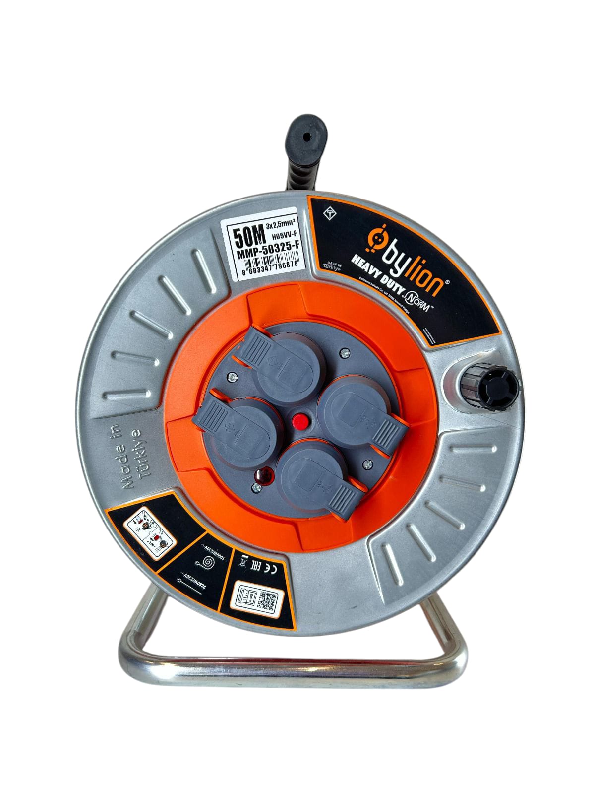 Professional metal reel with copper cable 3x2,5 mm2, IP44 with overload protection, current 16 A Schuko type with 4 sockets, length 50M, cable colour: orange Professional metal reel with copper cable 3x2,5 mm2, IP44 with overload protection, current 16 A Schuko type with 4 sockets, length 50M, cable colour: orange