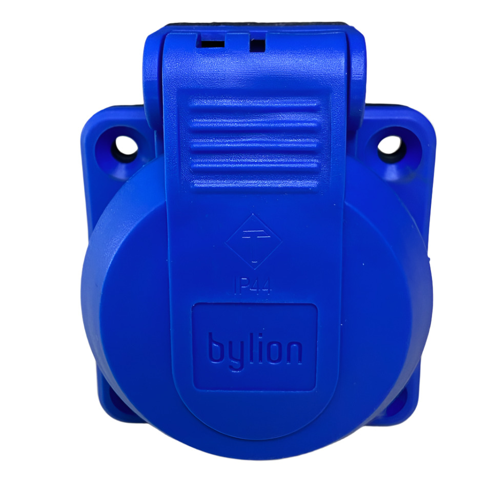 Hermetic socket 2P+Z, 230/220v, with earthing, IP44, with flap, blue, 250V Schuko Hermetic socket 2P+Z, 230/220v, with earthing, IP44, with flap, blue, 250V Schuko