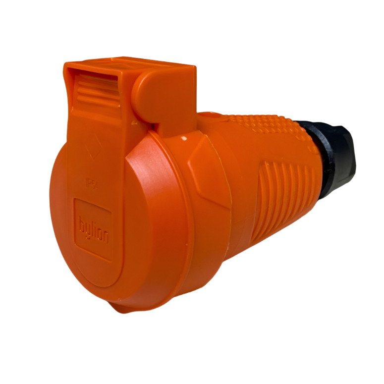 Orange hermetic rubber socket IP54 with flap 16A 250V French type (Pin) RDP-O-E Bylion Orange hermetic rubber socket IP54 with flap 16A 250V French type (Pin) RDP-O-E Bylion
