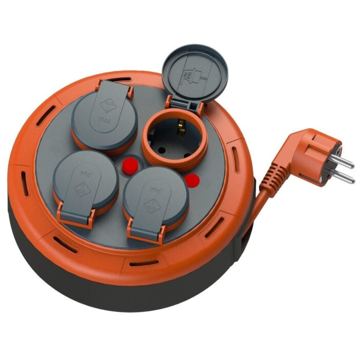 IP44 Compact cassette roller extension cable, 5m cable with 4 sockets + thermal/child fuse, 3x1mm2, SCHUKO type earthing, PHP-05310-F