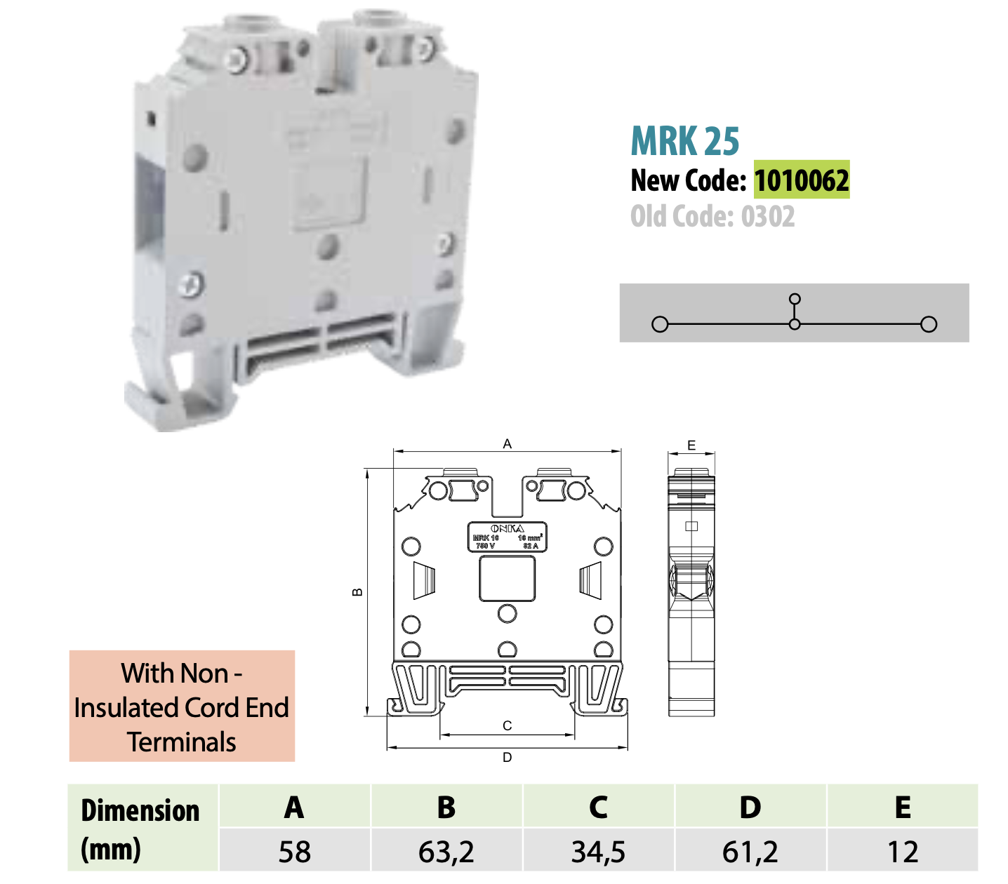 ONKA 25mm2 Screw rail connector terminal block DIN rail terminal 2-wire grey, 1010062 ONKA 25mm2 Screw rail connector terminal block DIN rail terminal 2-wire grey, 1010062